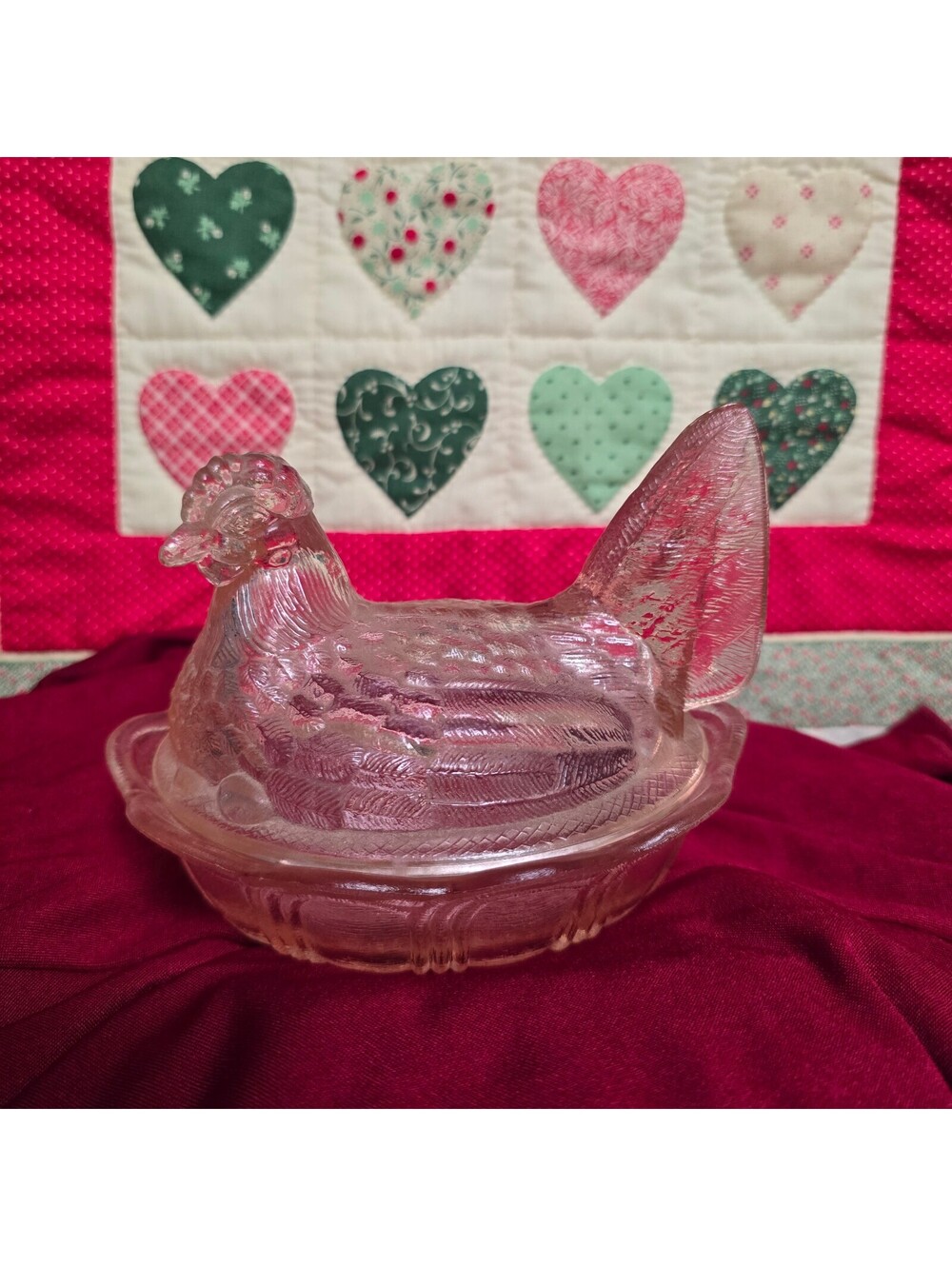 Vintage Fenton Hen On A Nest Pink Glass Scalloped rim Split tail